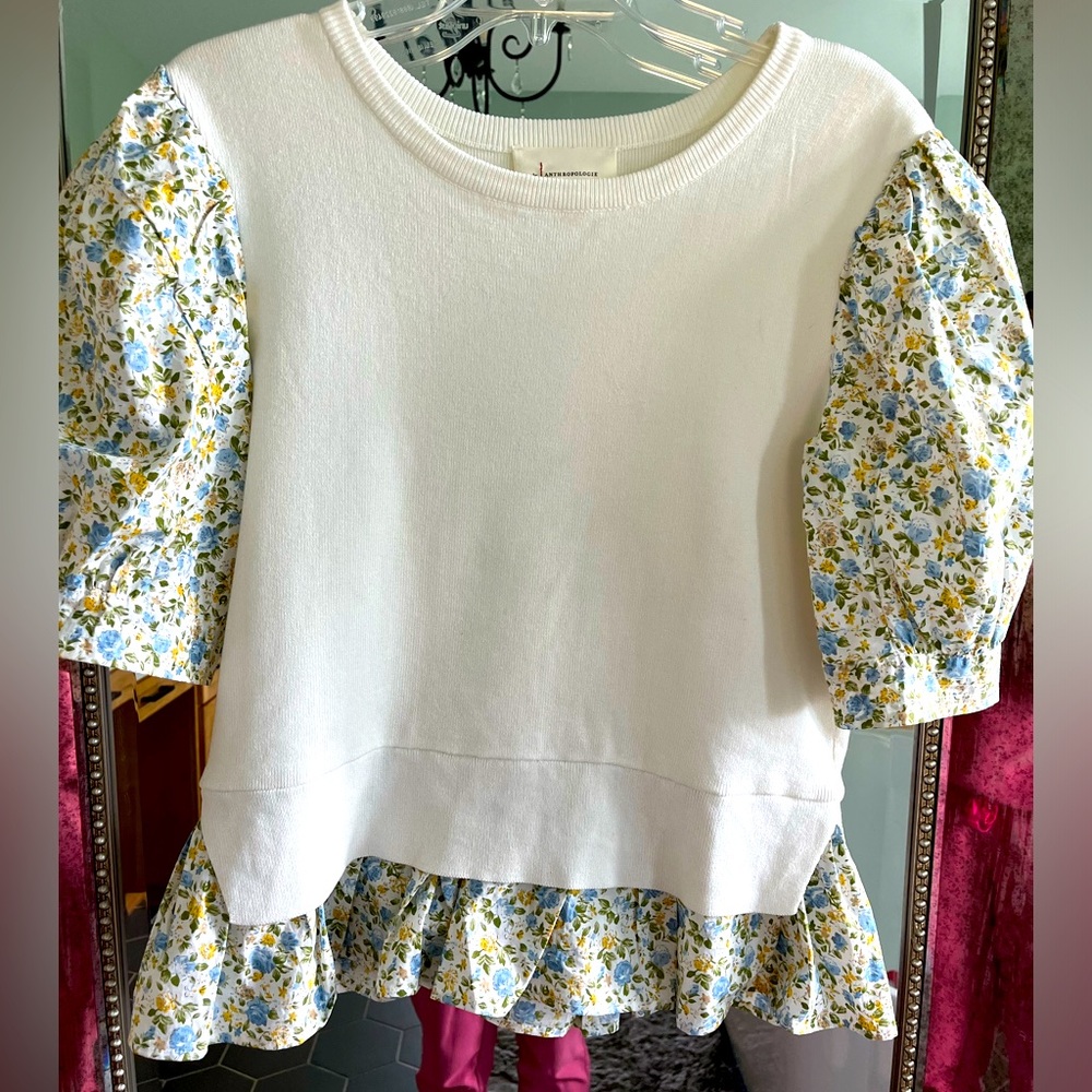 Anthropologie White Blouse with Floral Sleeves